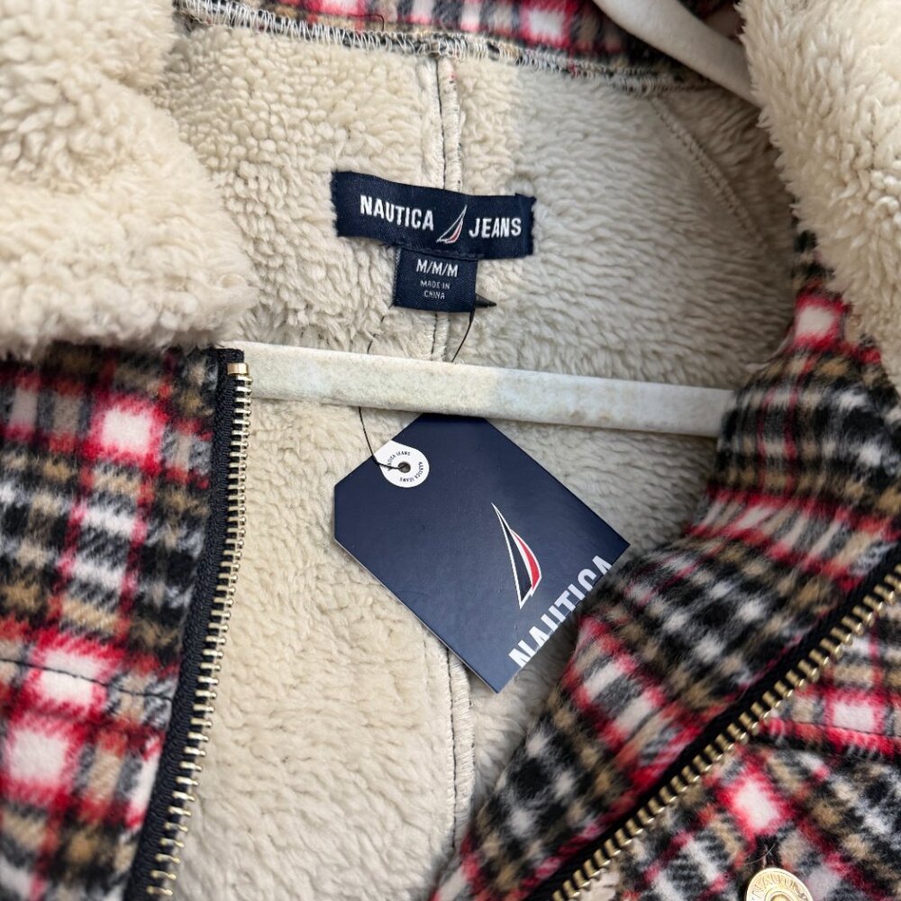 NWT Nautica Jeans Plaid Sherpa-Lined Trucker Jacket - Red/White/Black - Medium - Picture 4 of 4